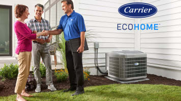couple-shaking-near-a-heat-pump-discussing-ecohome-program