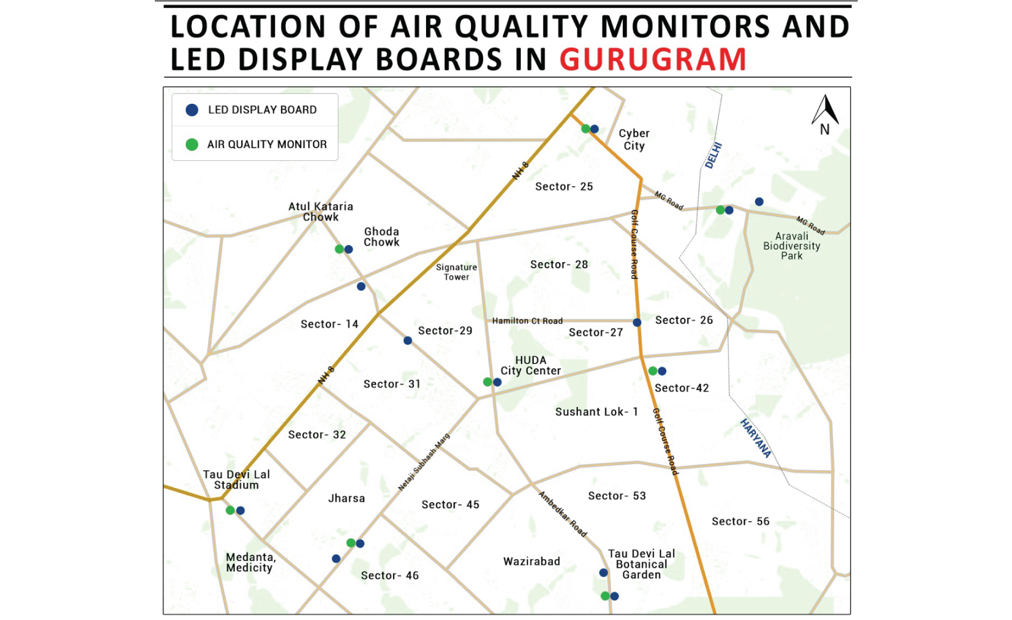 Locations of Air Quality Monitors and LED display boards in Gurugram Locations of Air Quality Monitors and LED display boards in Gurugram
