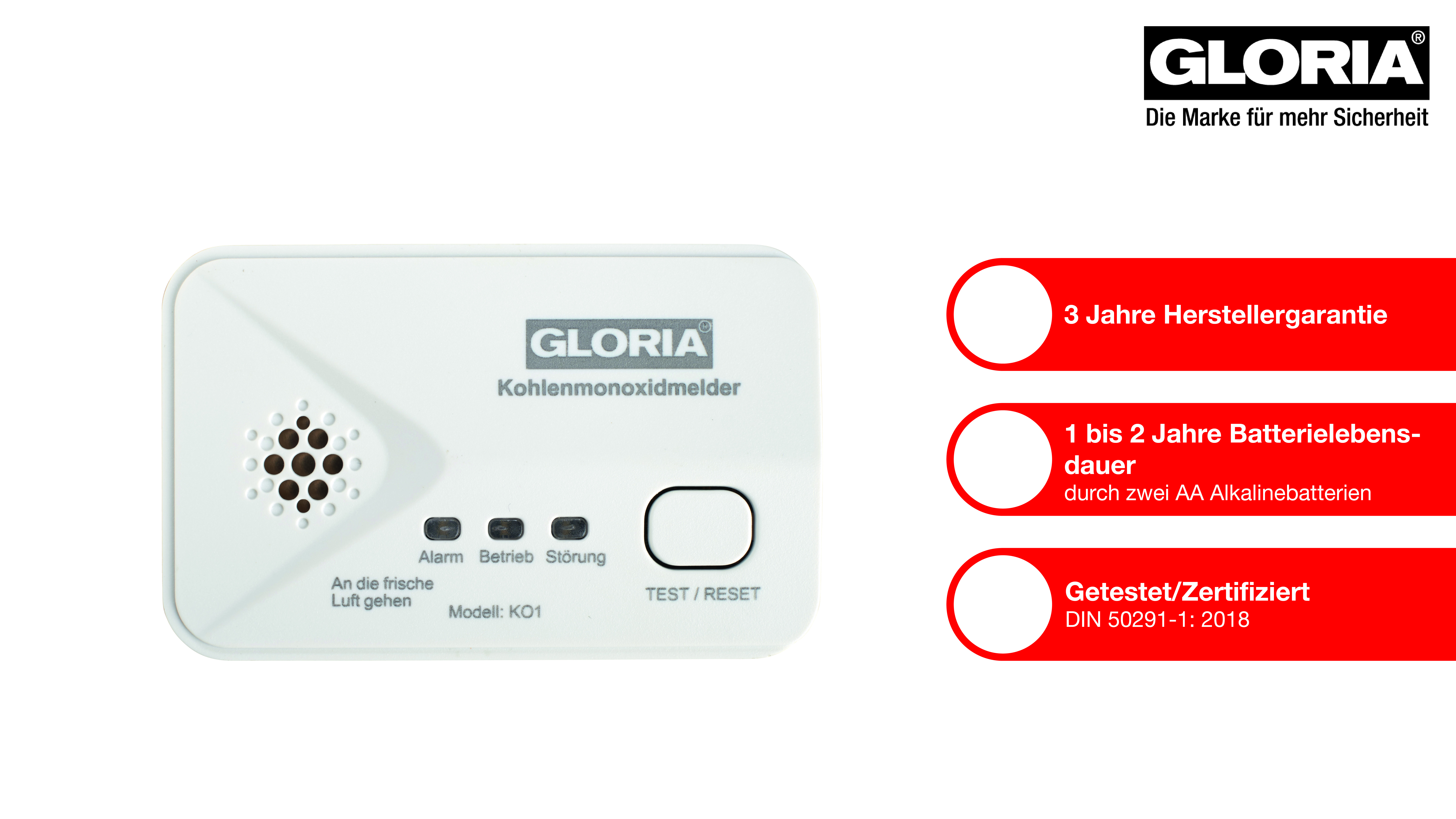 GLORIA KO1 Kohlenmonoxidmelder / CO Melder mit auswechselbarer