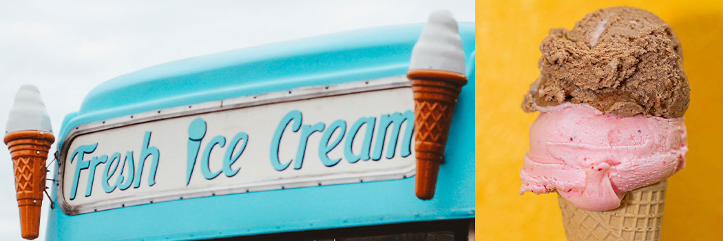 Ice cream truck and cone with scoops of chocolate and vanilla