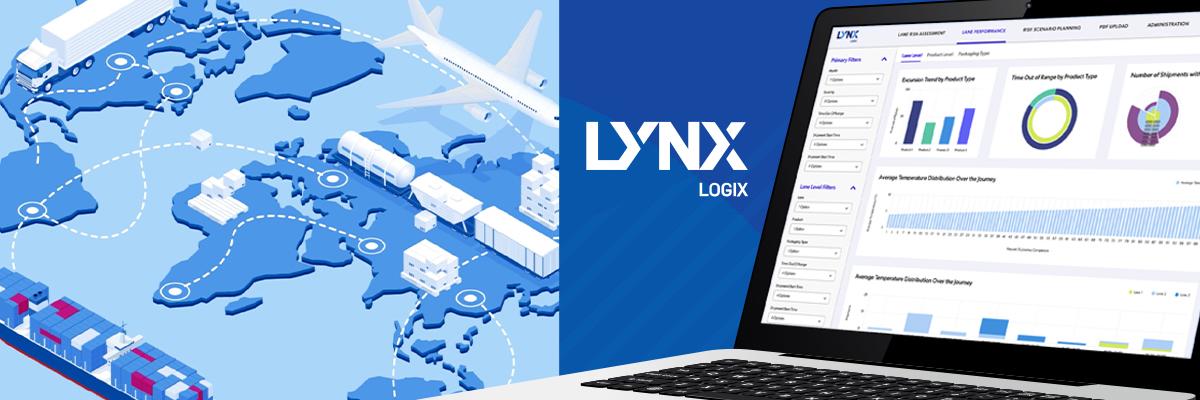 Lynx Logix logo and dashboard on laptop next to global logistics graphic