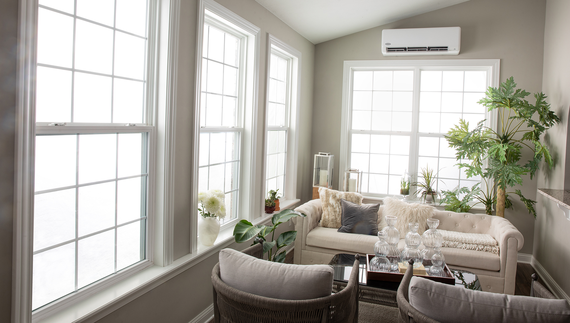 A room cooled by a mini split heat and cool system.