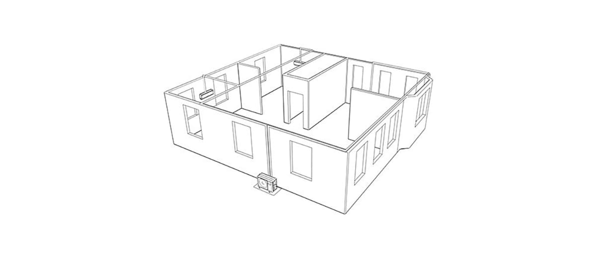 A diagram of a home with a 2 zone mini split installed.