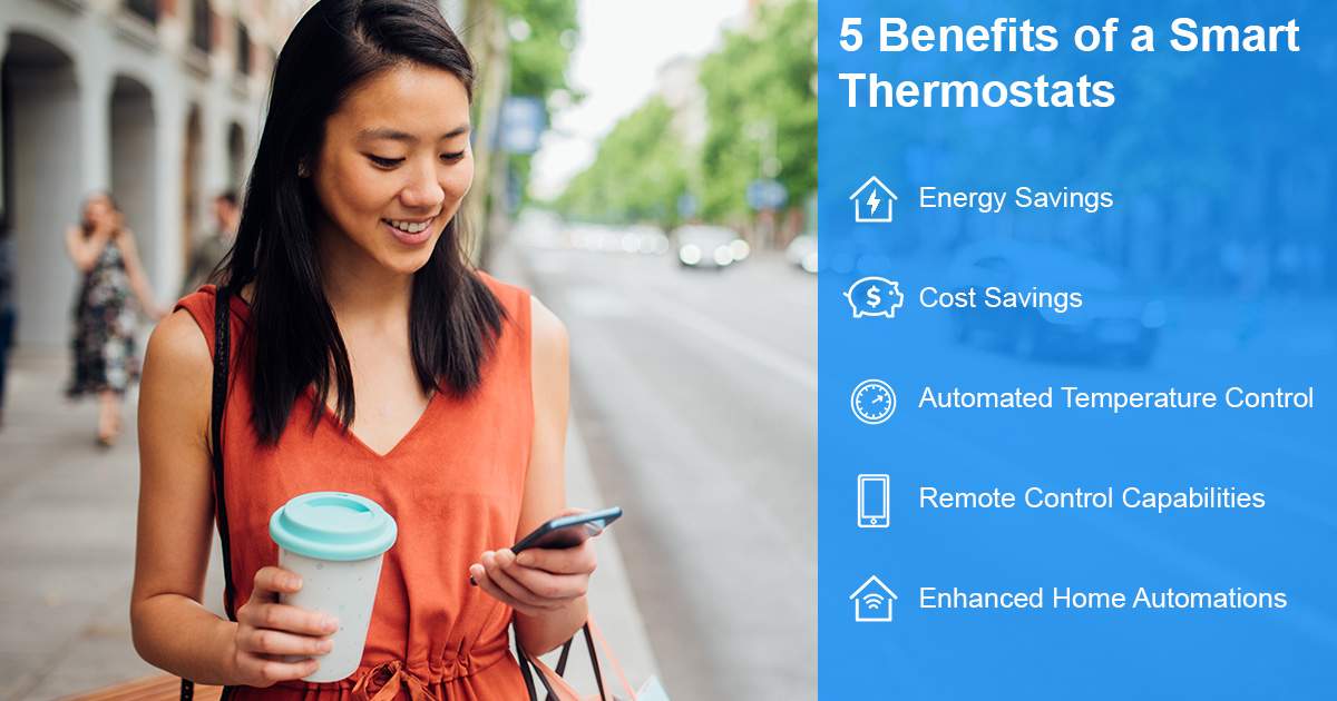 woman looking at phone with 5 best smart thermostat benefits infographic