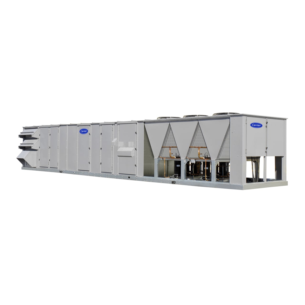 Carrier P Series rooftop units are pre-wired and factory-tested in both cooling and heating modes. All models feature an industrial grade cabinet with fully hinged access panels. 
