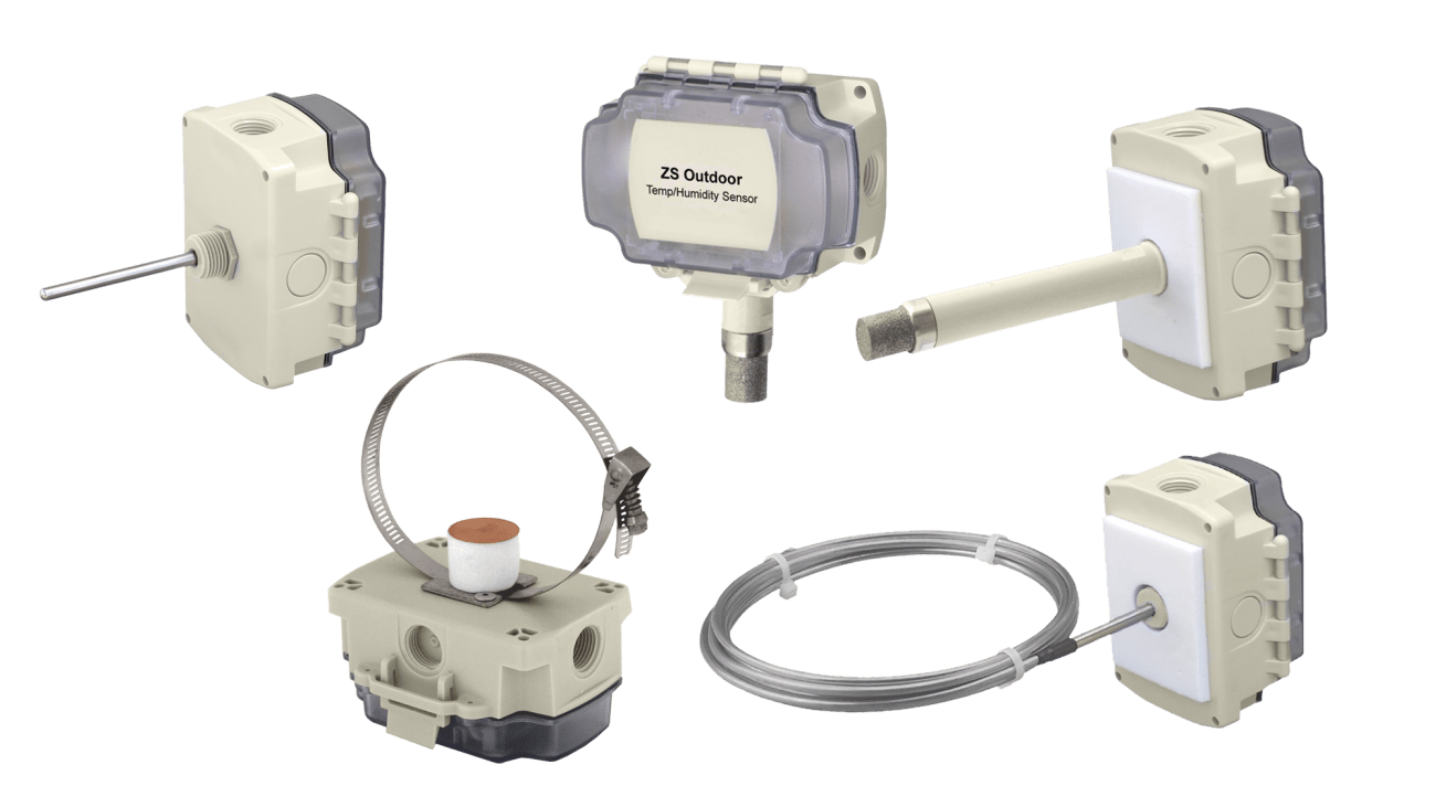 Various equipment-mounted communicating ZS sensors shown: duct, averaging, clamp-on, immersion and outdoor conditions