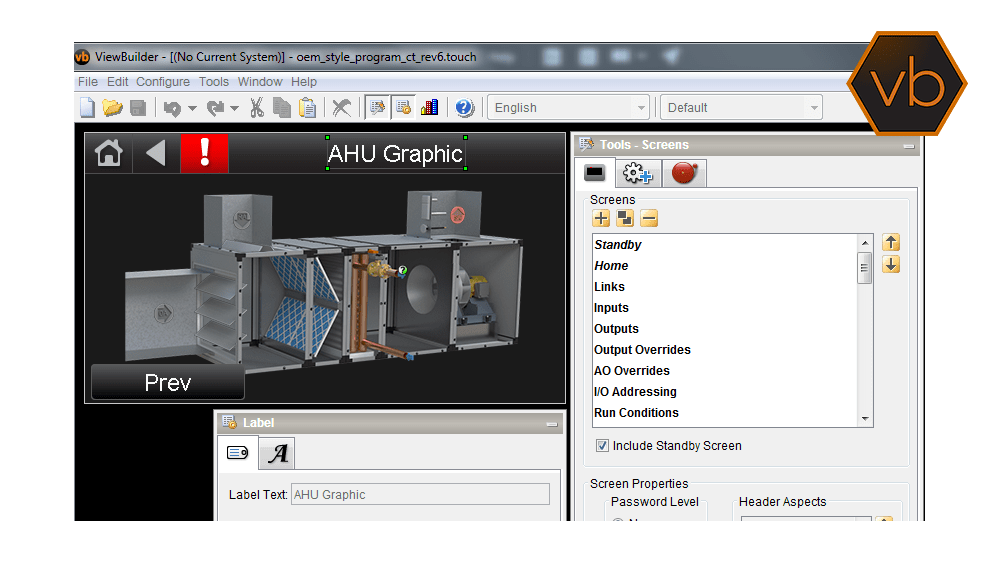 Screenshot of the ViewBuilder software tool building a view file for an Equipment Touch app or EQT2 touch screen