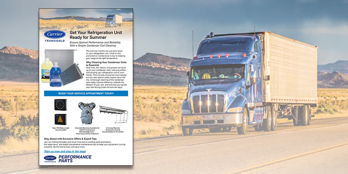 Carrier Performance Parts Newsletter over refrigerated truck on desert road