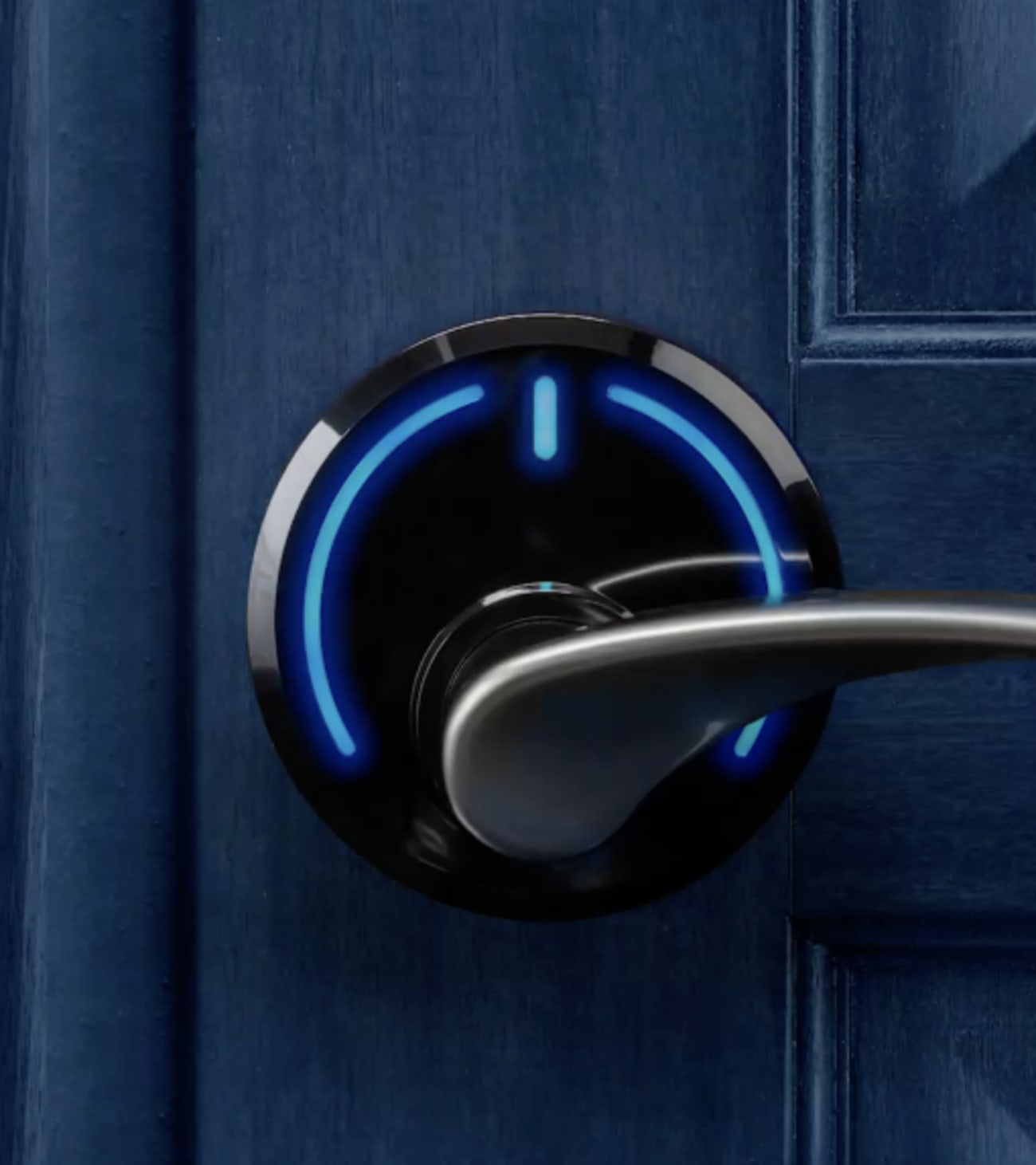 Onity-Serene-brushed-handle-blue-door-closeup