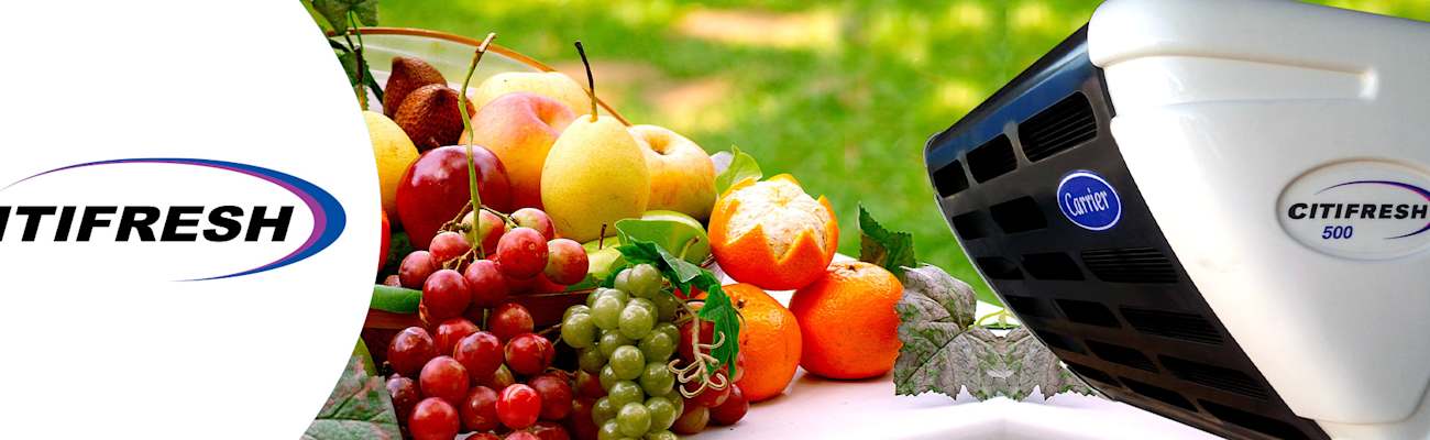 Carrier Citifresh Truck Refrigeration Units for Light Commercial Vehicles with logo and background of fresh fruit