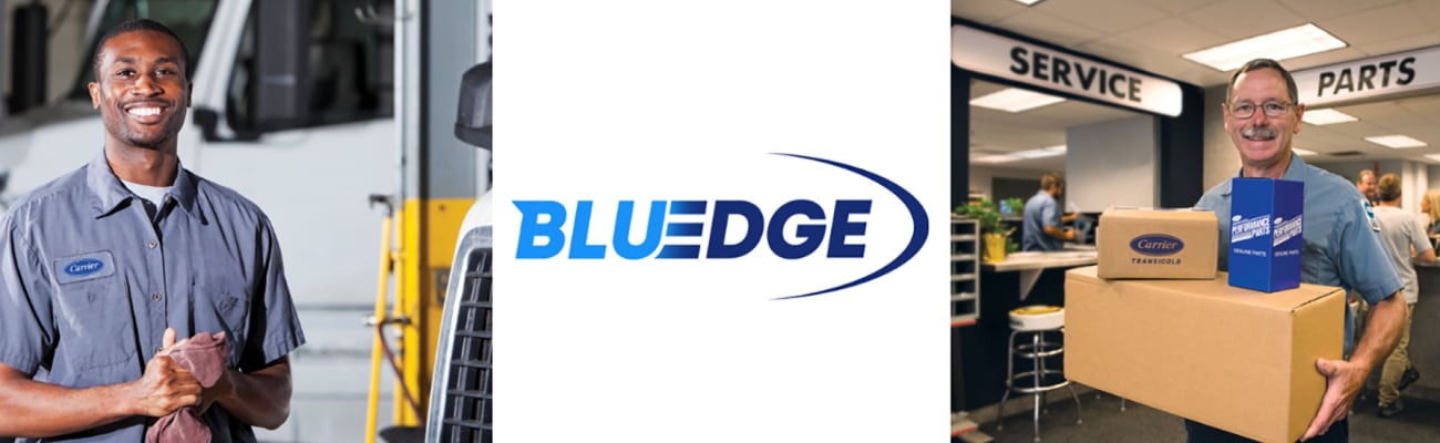 Carrier Transicold BluEdge logo with Service and Parts techicians