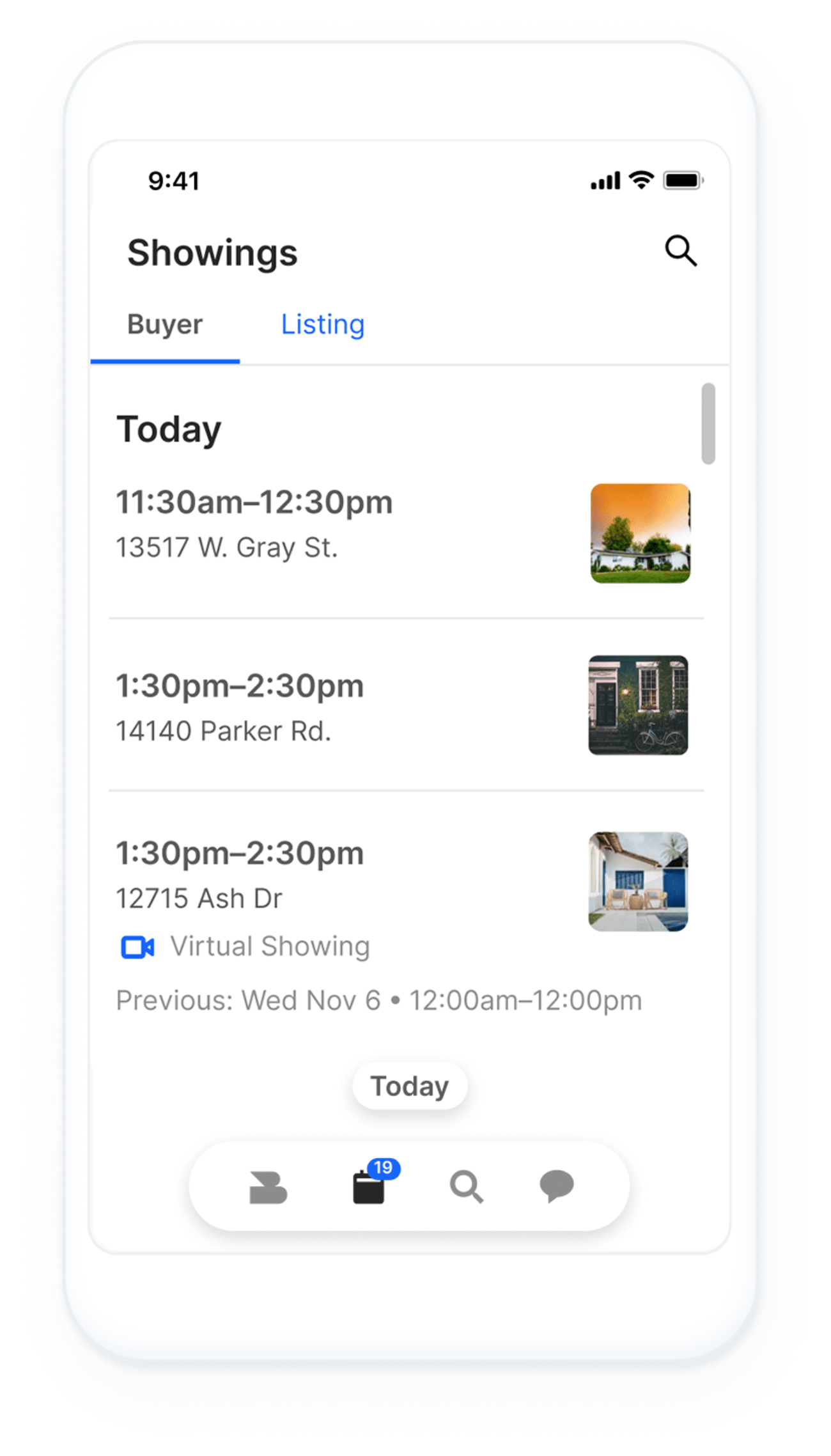 BrokerBay mobile app displaying showings screen.