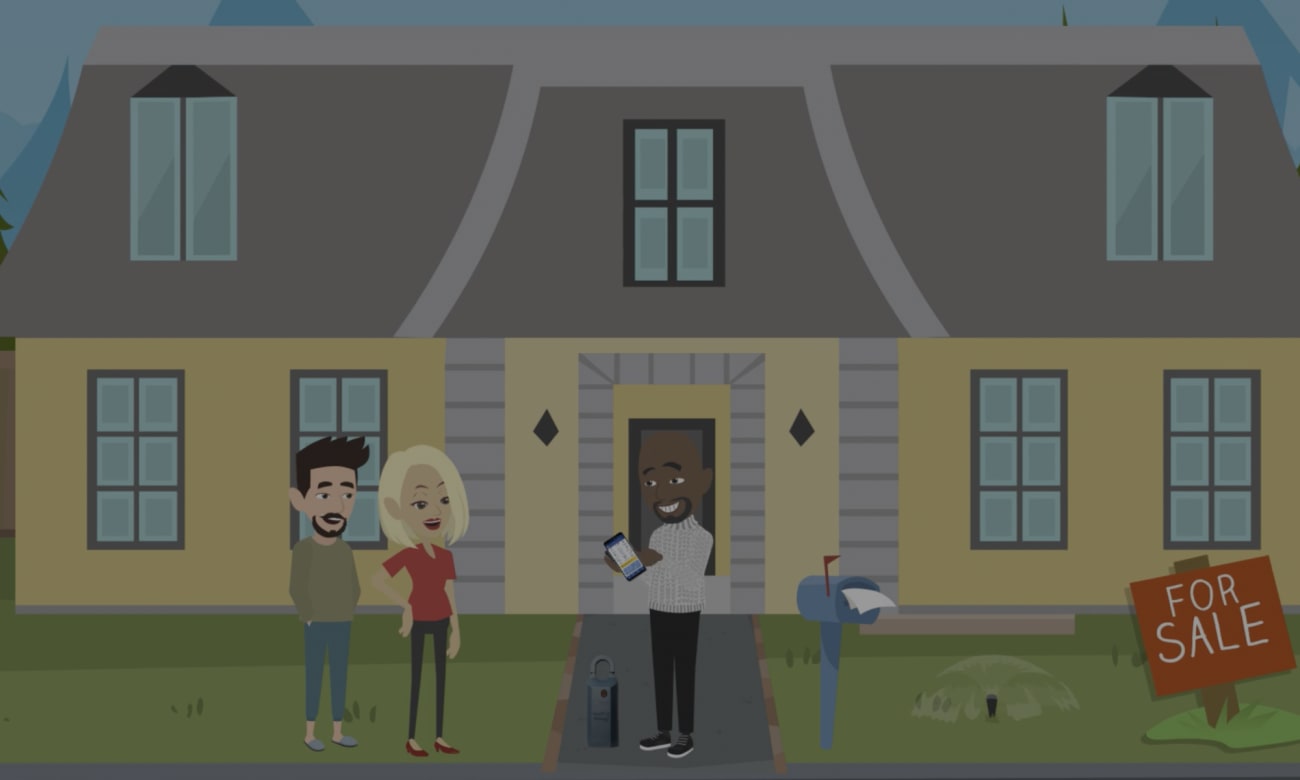 Animated style video snapshot featuring real estate agent outside home for sale with couple ready for showing