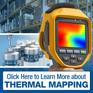 Learn More about Thermal Mapping Thermal mapping graphic of temperature gun and warehouse