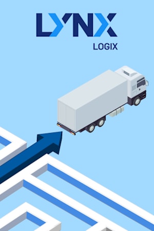 Lynx Logix logo above illustration of trailer exiting a maze on a light blue background