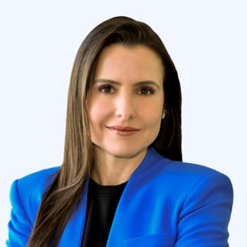 Milena Oliveira, Senior Vice President and Chief Marketing & Communications Officer BIO, square headshot with black shirt and blue blazer