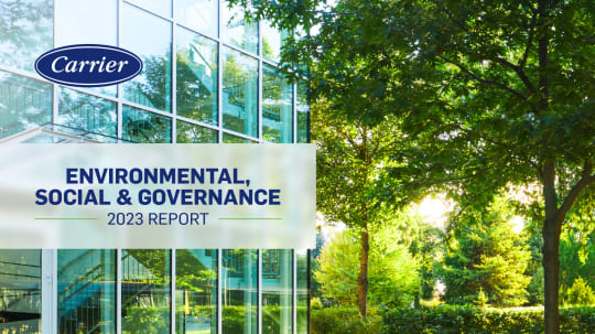 sustainable buildings, healthy indoor environments, esg 2023 cover, glass building with green trees