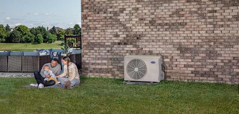 a family sits outside near their mini split heat pump