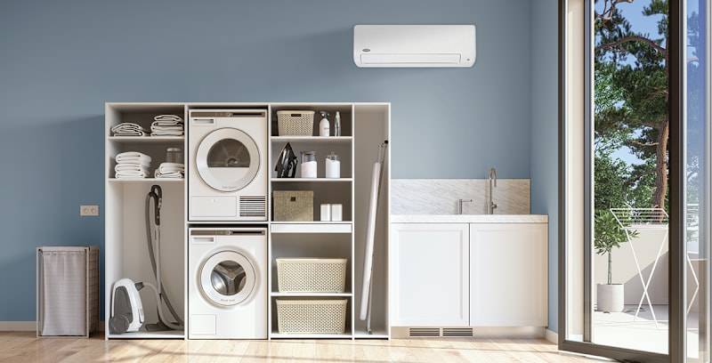 high wall ductless mini split installation in laundry room