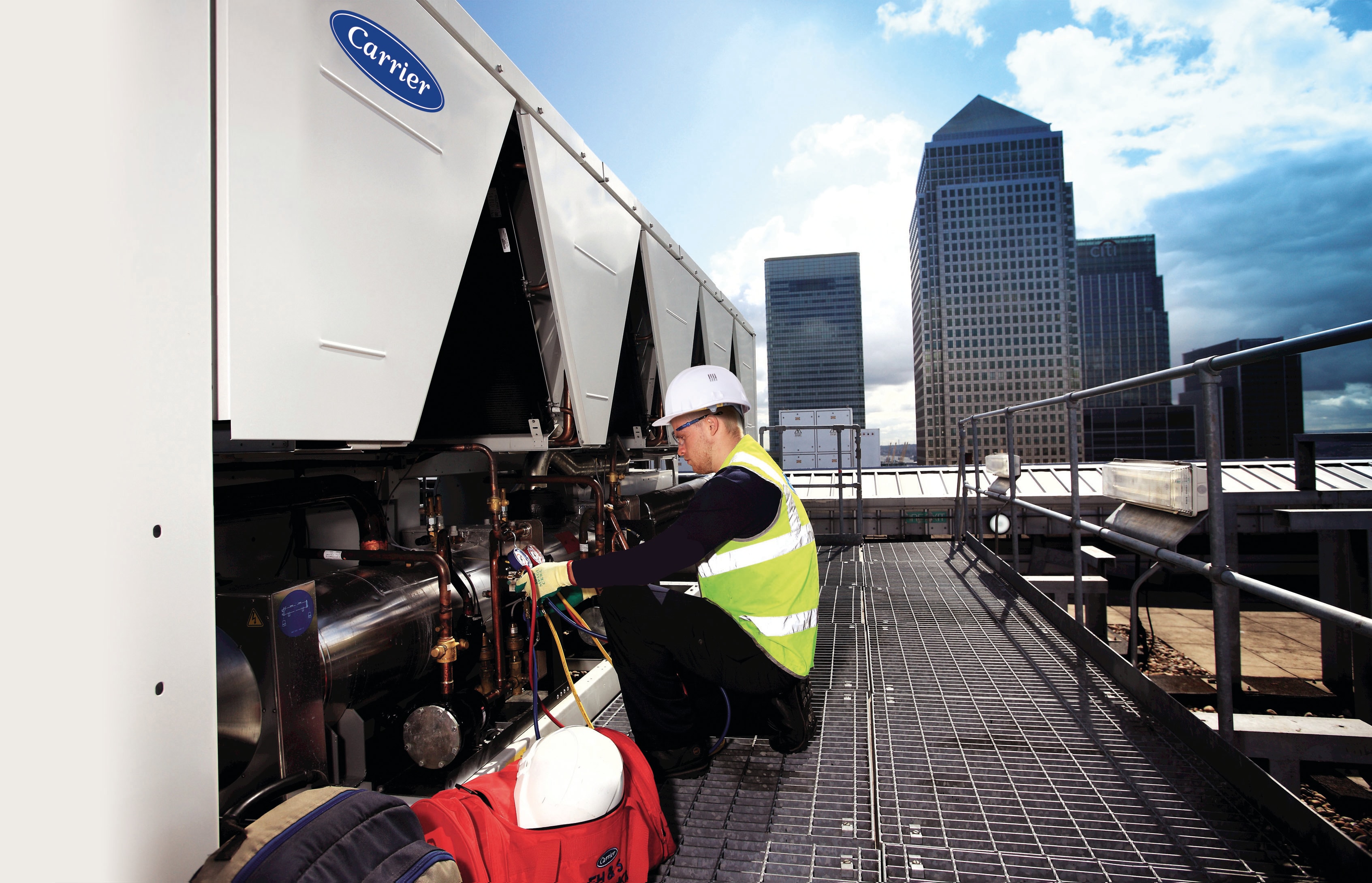 carrier-service-technician-on-roof-air-cooled-chiller-2