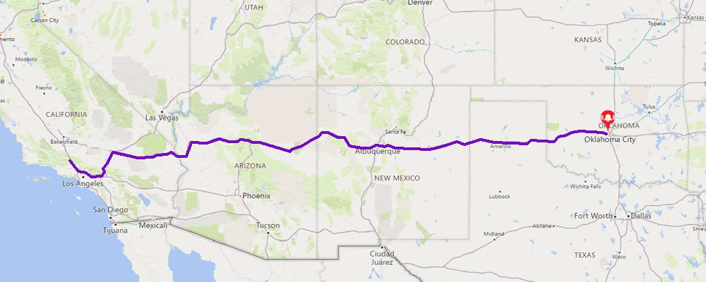 SensiWatch Tracks Map SensiWatch Tracks Map showing trip from California to Oklahoma