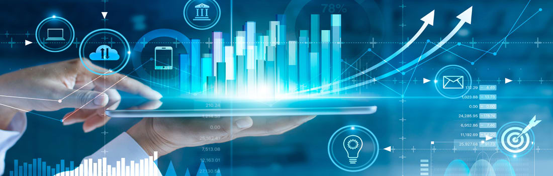 Optimizing the Supply Chain blog header Charts and graphics for supply chain data generating outward from a laptop