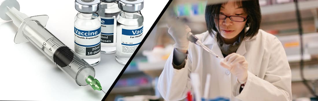 Biologic Medications and Specialty Pharmaceuticals blog header Closeup of syringe and vaccine vials next to lab technician filling test tubes
