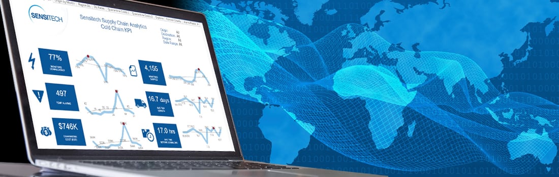 Reducing Loss in the Cold Chain blog header Laptop with Sensitech KPI dashboard over background of global map