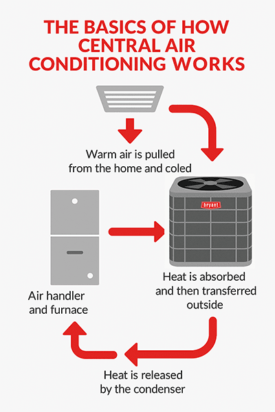 bryant-how-central-air-conditioning-works-infographic Infographic showing how central air conditioning works, with labeled arrows and components including air handler, condenser, and airflow to explain heat transfer and cooling.