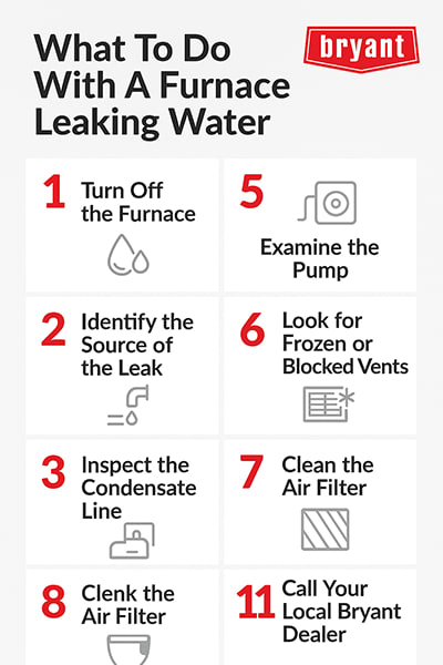 bryant-what-to-do-furnace-leaking-water-infographic Infographic listing 8 steps to follow if your furnace is leaking water, including turning it off, checking the condensate line, and calling a Bryant dealer.