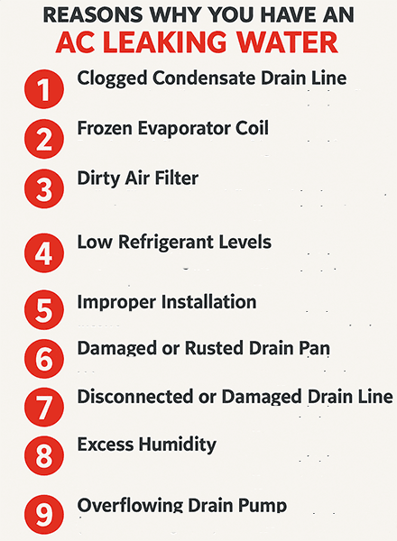 bryant-reasons-ac-leaking-water-infographic Infographic listing 10 reasons why an air conditioner may leak water, including clogged drain lines, frozen coils, dirty filters, and excess humidity.