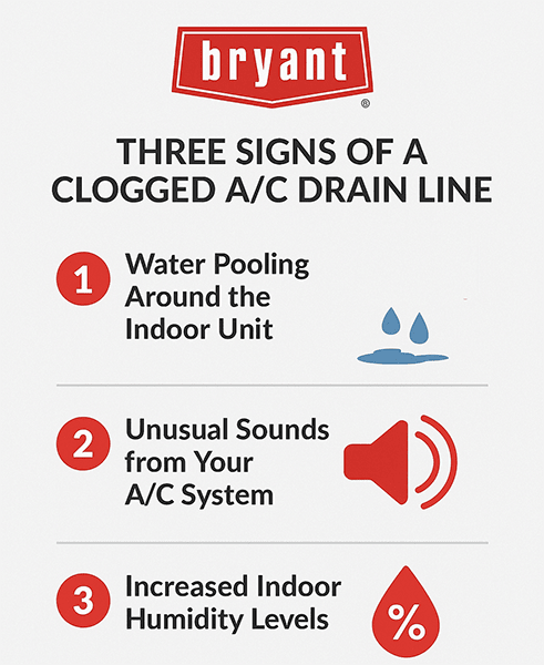 bryant-signs-of-clogged-ac-drain-line-infographic Infographic listing three signs of a clogged A/C drain line: water pooling around the indoor unit, unusual AC sounds, and high indoor humidity.