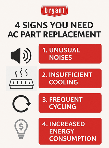 Infographic listing four signs you may need AC part replacement: unusual noises, insufficient cooling, frequent cycling, and increased energy use.