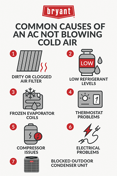 bryant-ac-not-blowing-cold-air-causes-infographic Infographic listing common causes of an AC not blowing cold air, including dirty filters, low refrigerant, frozen coils, thermostat and electrical issues.