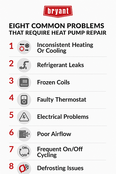 bryant-common-problems-requiring-heat-pump-repair Infographic listing eight common heat pump problems: inconsistent heating or cooling, refrigerant leaks, frozen coils, thermostat and electrical issues, poor airflow, frequent cycling, and defrosting problems.