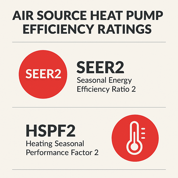 bryant-air-source-heat-pump-efficiency-seer2-hspf2-infographic Infographic explaining SEER2 and HSPF2 ratings for air source heat pumps, highlighting seasonal energy efficiency and heating performance factors.