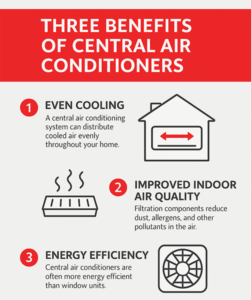 three-benefits-of-central-air-conditioners-bryant-infographic Bryant infographic showing three benefits of central air conditioners: even cooling, improved indoor air quality, and energy efficiency