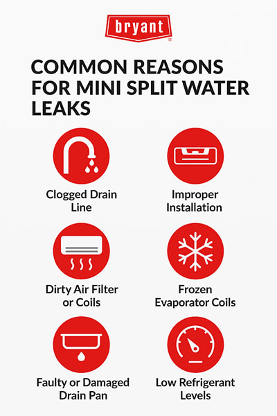 bryant-mini-split-water-leak-causes-infographic Infographic showing six common causes of mini split water leaks, including clogged drain lines, improper installation, dirty filters, frozen coils, and damaged drain pans.