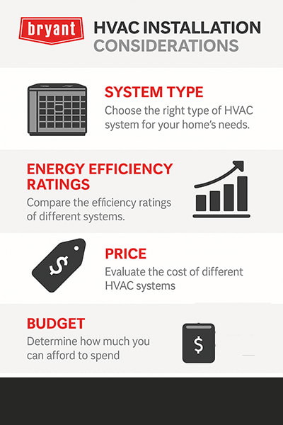 hvac-installation-considerations-bryant-infographic Infographic with Bryant branding showing key HVAC installation considerations including system type, energy efficiency ratings, price, budget, and system size.