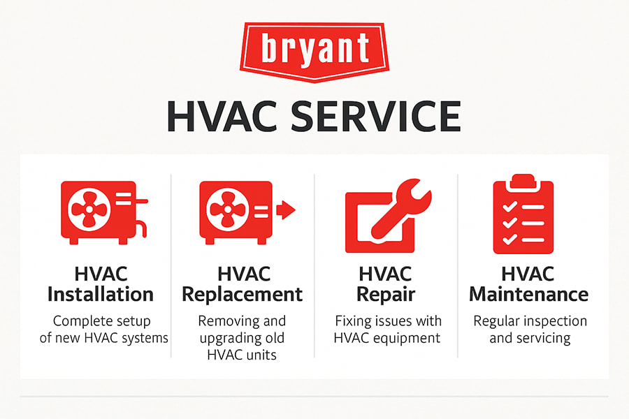 bryant-hvac-service-types-installation-replacement-repair-maintenance Infographic showing four types of HVAC services by Bryant: HVAC installation, replacement, repair, and maintenance, using branded colors and icons.