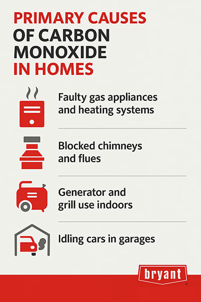 primary-causes-of-carbon-monoxide-in-homes-bryant-infographic Bryant infographic showing primary causes of carbon monoxide in homes, including faulty gas appliances, blocked chimneys, indoor use of generators or grills, and idling cars in garages.