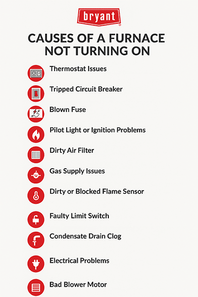bryant-causes-furnace-not-turning-on-infographic Infographic listing 12 common causes of a furnace not turning on, including thermostat issues, circuit problems, ignition failure, and airflow restrictions.