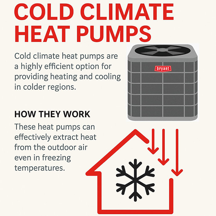 bryant-cold-climate-heat-pumps-infographic Infographic explaining Bryant cold climate heat pumps, highlighting their energy efficiency and ability to extract heat from outdoor air in freezing temperatures.