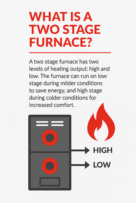 what-is-a-two-stage-furnace-infographic Bryant-branded infographic explaining what a two-stage furnace is, featuring labeled furnace stages and flame icon in red, black, and gray tones.