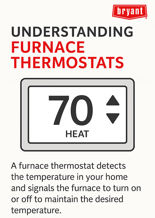 bryant-furnace-thermostat-infographic Bryant infographic explaining how furnace thermostats detect the temperature in the home and signal the furnace to turn on or off to maintain the desired temperature.
