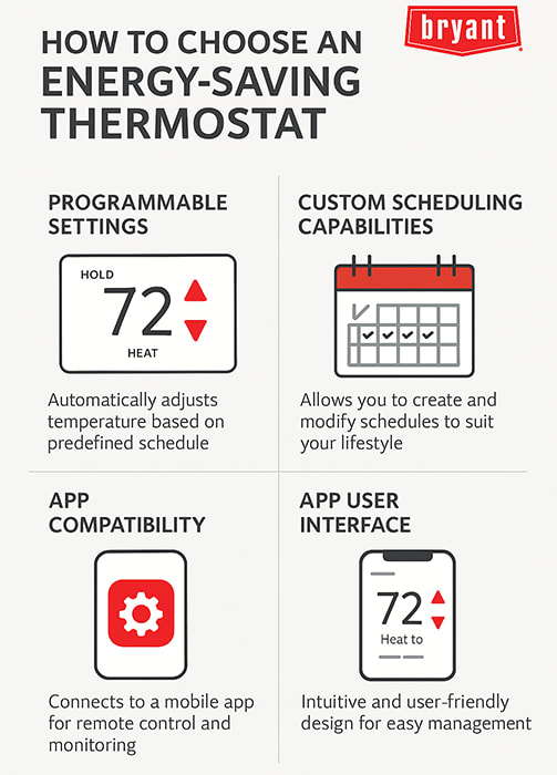 bryant-how-to-choose-energy-saving-thermostat-infographic Infographic by Bryant explaining how to choose an energy-saving thermostat, highlighting programmable settings, custom scheduling, app compatibility, and user-friendly interface.