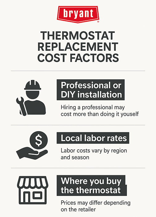 bryant-thermostat-replacement-cost-factors-infographic Bryant-branded infographic explaining thermostat replacement cost factors: professional or DIY installation, local labor rates, and where the thermostat is purchased.