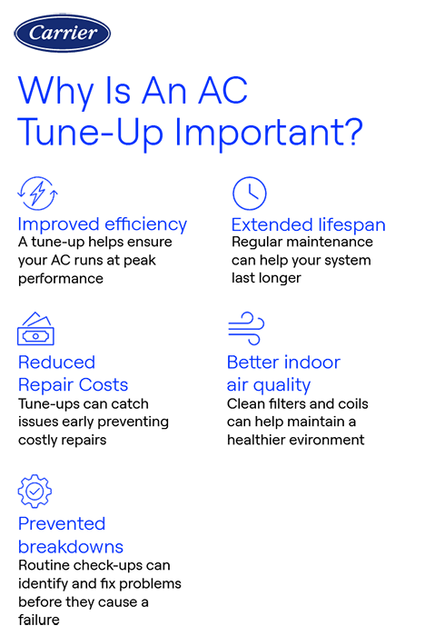 Carrier AC tune up importance infographic Carrier infographic explaining 5 reasons AC tune-ups are important: improved efficiency, extended lifespan, reduced repair costs, better indoor air quality, and prevented breakdowns.