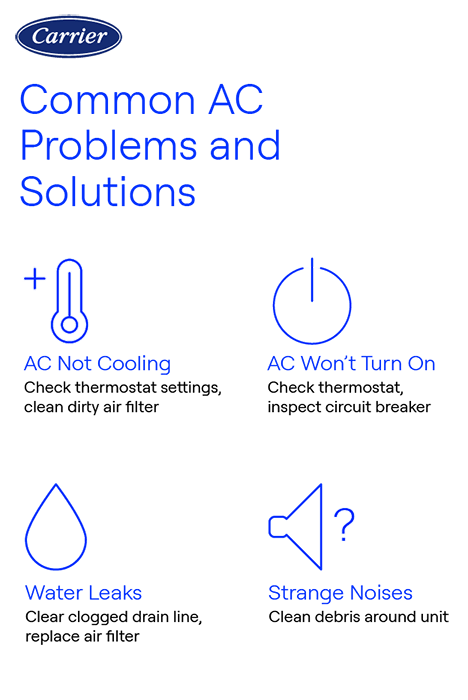 Carrier AC Repair Causes Infographic Carrier infographic showing common AC problems and solutions including cooling issues, unit not turning on, water leaks, strange noises, and frequent cycling