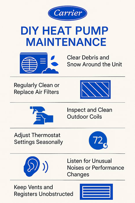 Carrier DIY Heat Pump Maintenance Tips Infographic Carrier-branded infographic showing six DIY heat pump maintenance tips: clear debris and snow, clean or replace air filters, inspect outdoor coils, adjust thermostat seasonally, listen for unusual noises, and keep vents unobstructed.